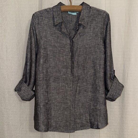 blue illusion L Chambray Ink across Dye Blue Long Sleeve Button Front Shirt - Picture 2 of 16